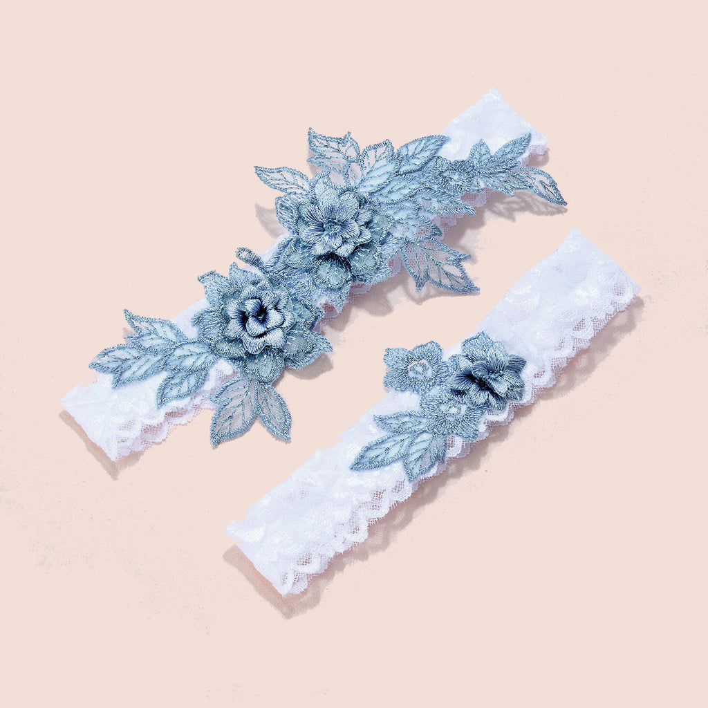 Desire Blue and Ivory Lace Bridal Garter with Crystal Heart Detail