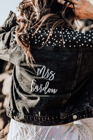 Black Embroidered Pearl Studded Jean Jacket for Bride