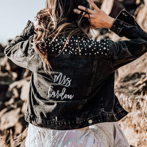 Black Embroidered Pearl Studded Jean Jacket for Bride